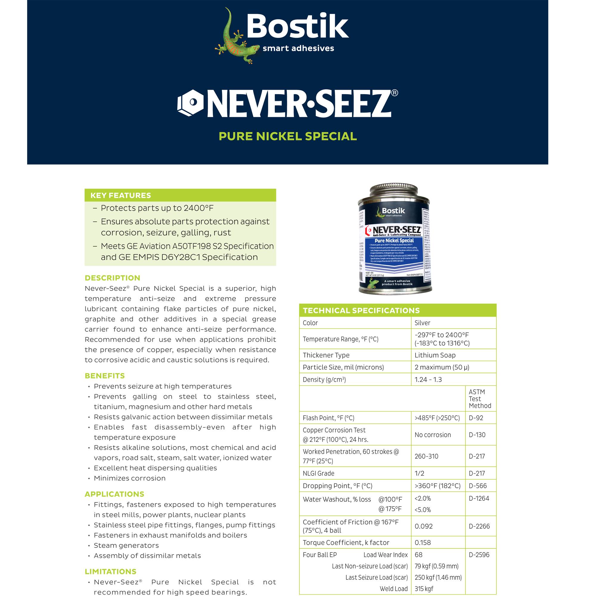 Bostik Never Seez Pure Nickel Special Nsn 165 1lb 454 4g Anti Seize Lubricating Compound